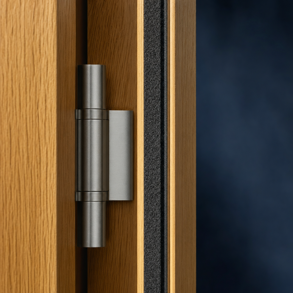 Close-up of a brushed steel hinge on a CMH-installed fire door