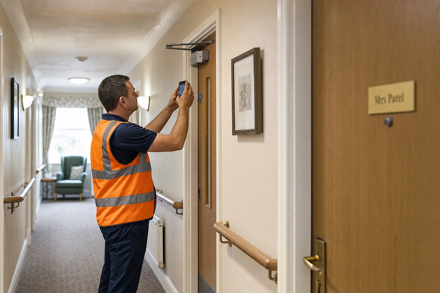 Inspector photographing a fire door closer in a care home corridor