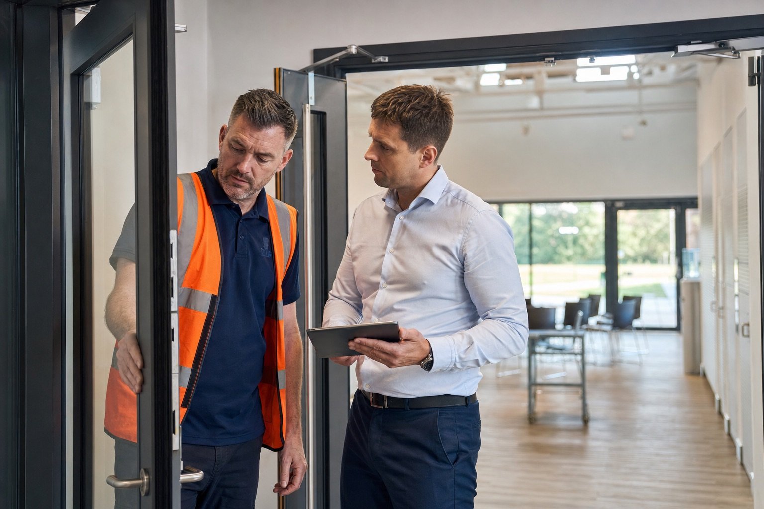 Inspector and facilities manager reviewing a fire door in a community building