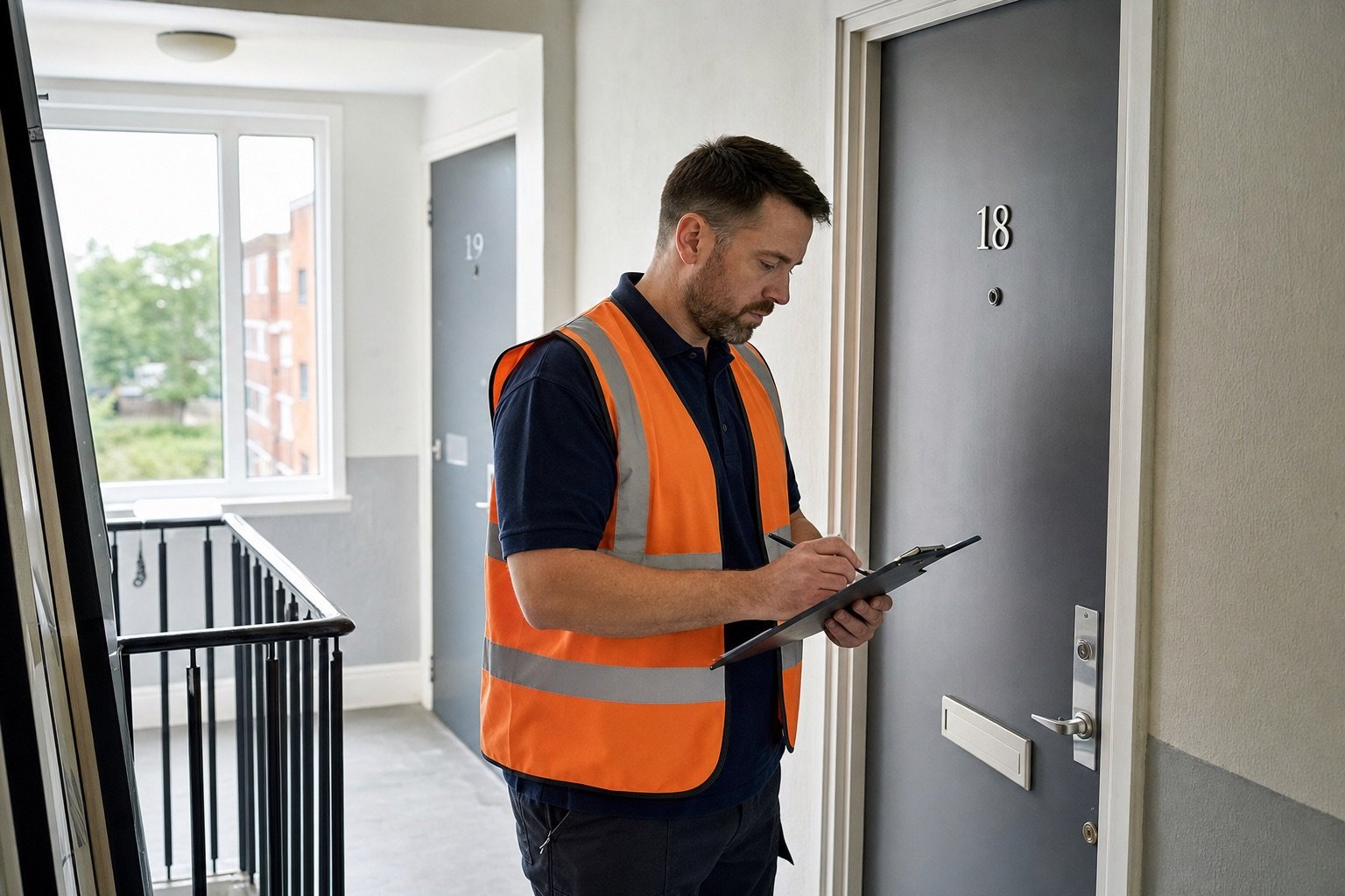 Inspector recording flat entrance fire doors in a residential block