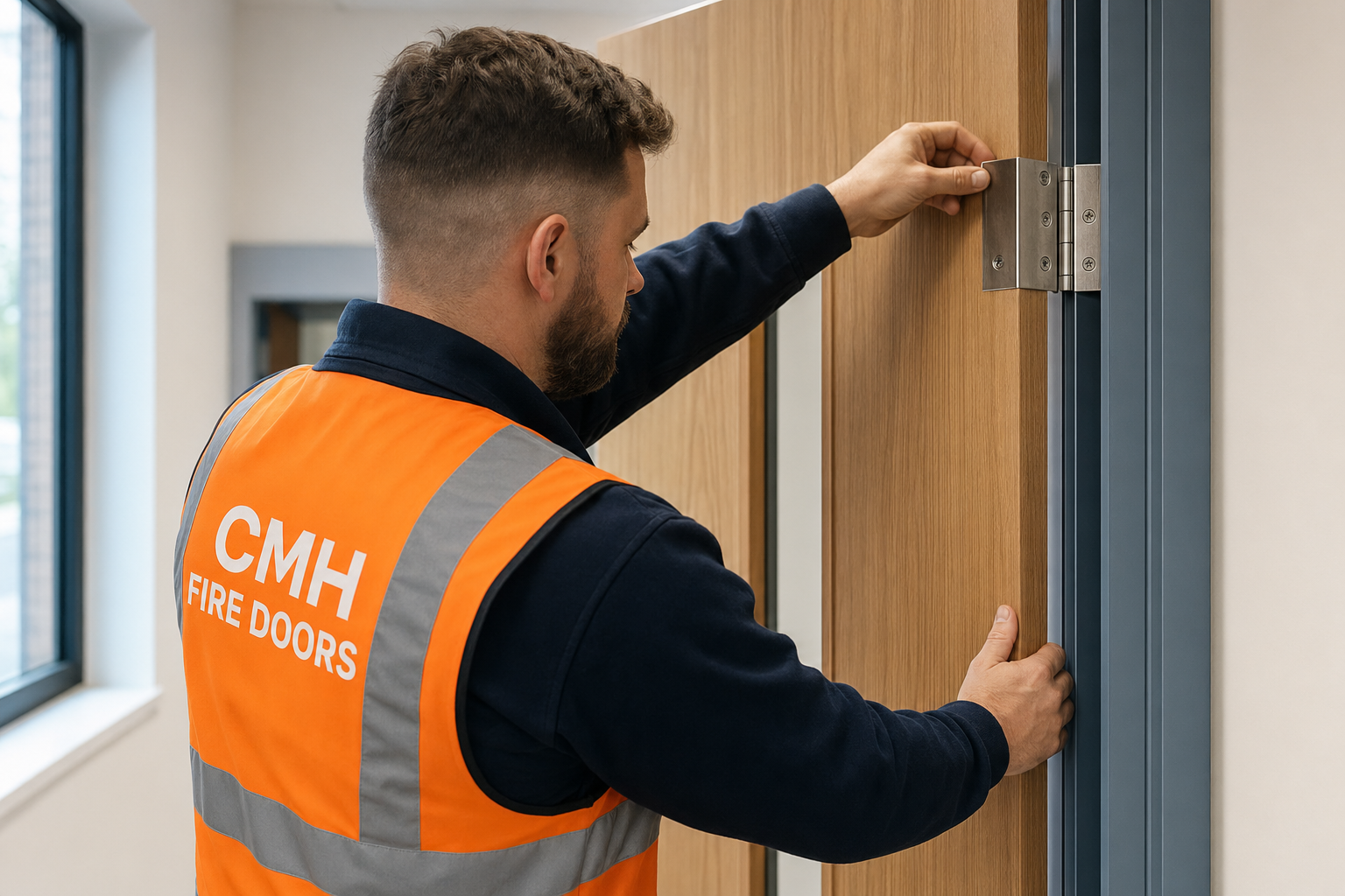 Fire door installation in a UK hospital corridor