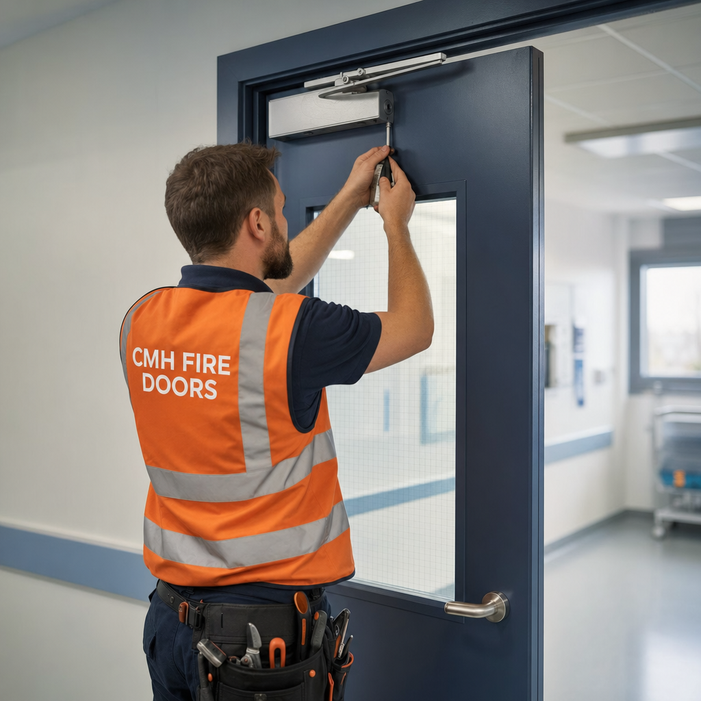 Fire door maintenance technician adjusting a self-closer